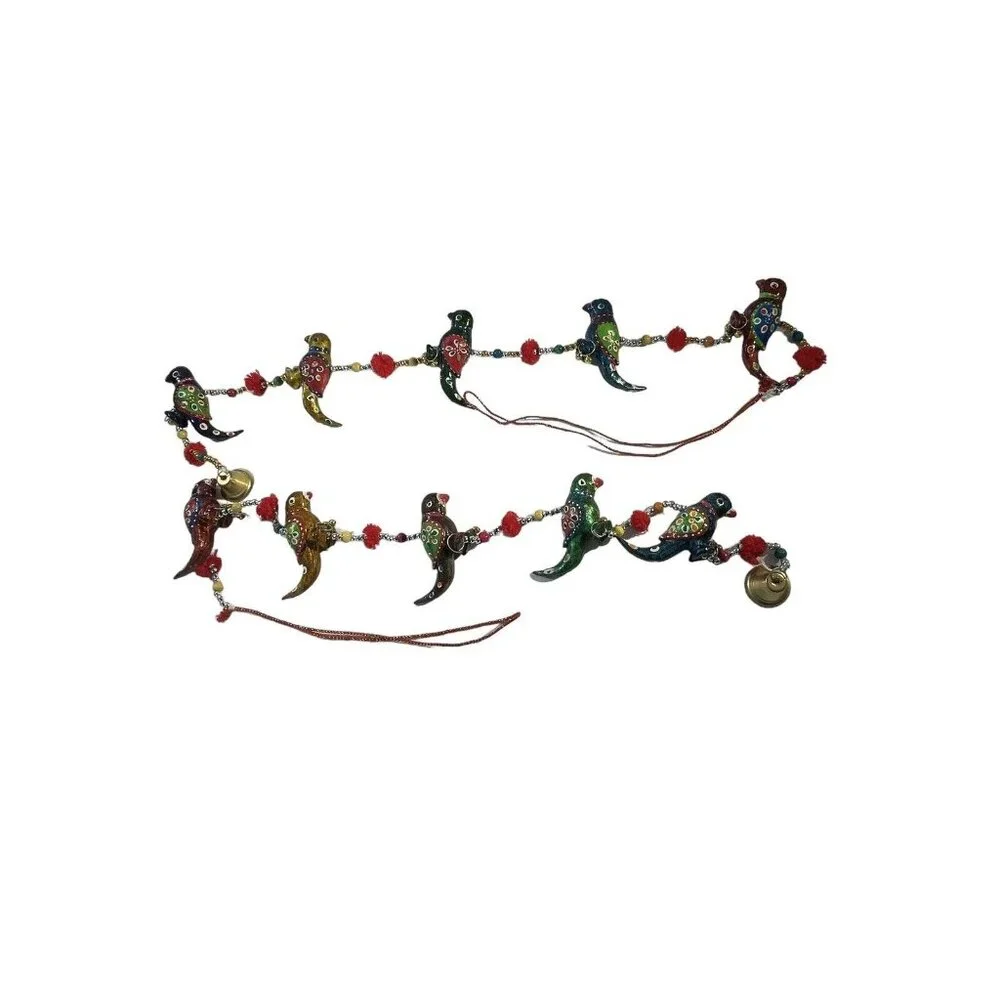 VTG Enameled‎ Birds With Bells Beaded Christmas Garland 2 Strands MCM Colorful